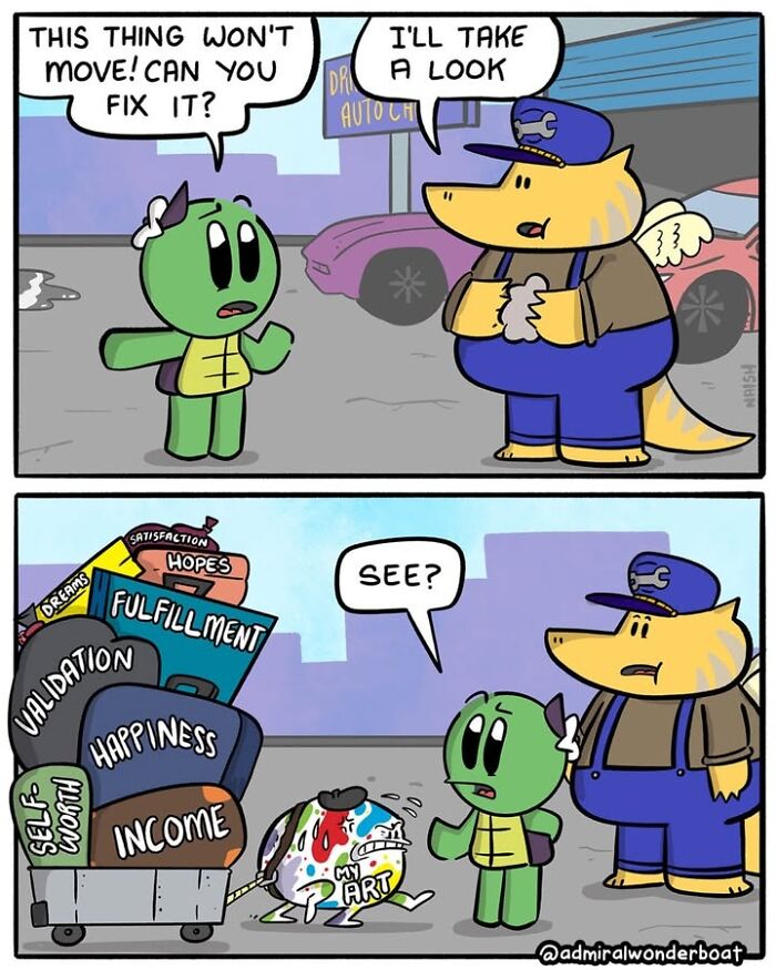 A comic about friendship and life, depicting a turtle with a broken wagon overflowing with symbolic burdens like income and happiness.