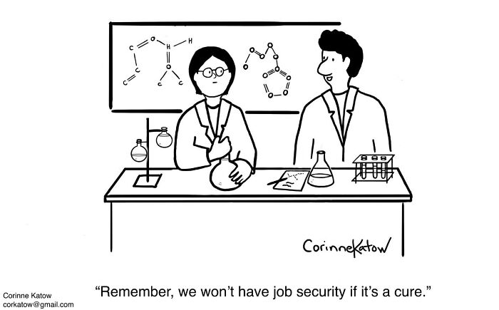 A single-panel cartoon by Corinne Katow shows two scientists in a lab with chemical structures on a board.
