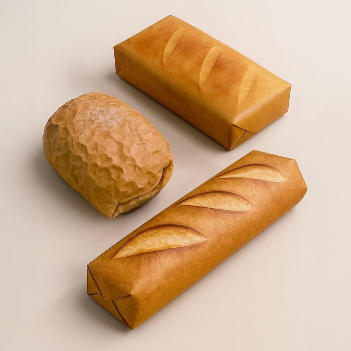 Brilliant and beautiful designs, creative bread packaging resembling a baguette and a rustic loaf, perfect for a bakery.