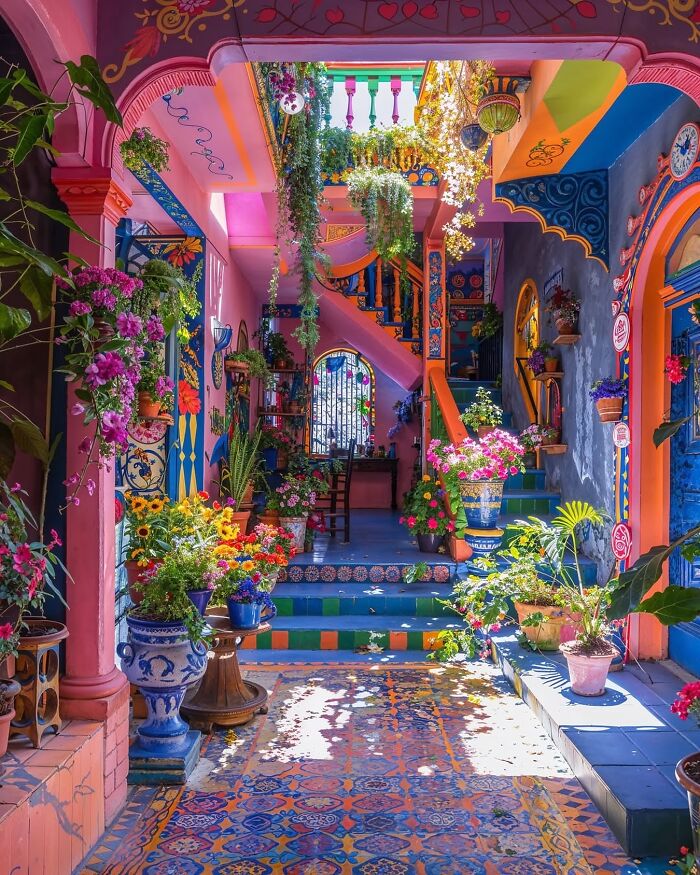 A vibrant hallway with colorful tiles, walls, and an abundance of plants, a brilliant and beautiful design.
