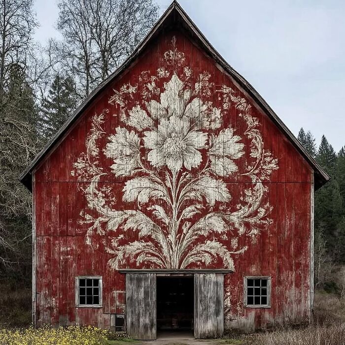 A Brilliant Design on a red barn featuring an intricate white floral painting, a highlight of someone's career.