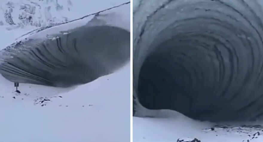 A split image of an unusual, swirling ice formation resembling a tunnel, one of the strange things happening on Earth.