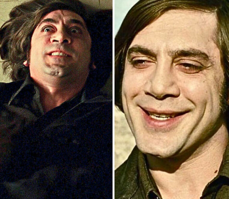 A split image of Javier Bardem with two different intense facial expressions, showcasing strange things happening on Earth.