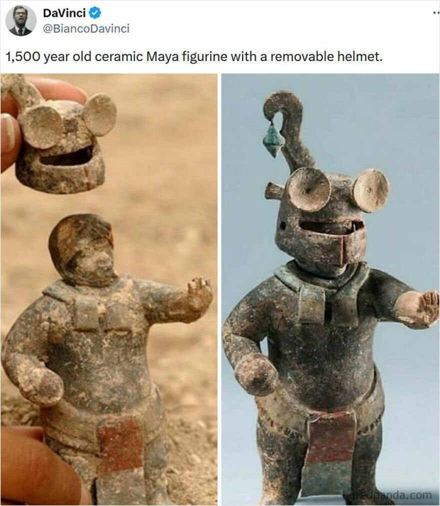 A ceramic Maya figurine with and without its removable helmet, showcasing incredible ancient artistry as strange things happening on Earth.