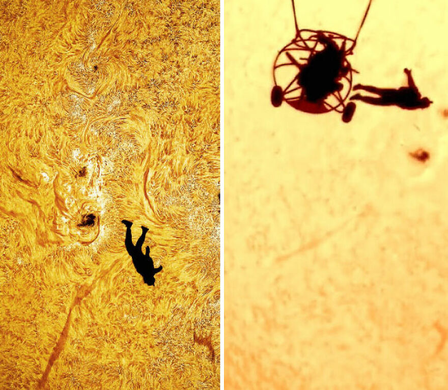 A split image showing strange things happening on Earth: silhouettes against a swirling, golden sun-like pattern and a bright, yellow background.