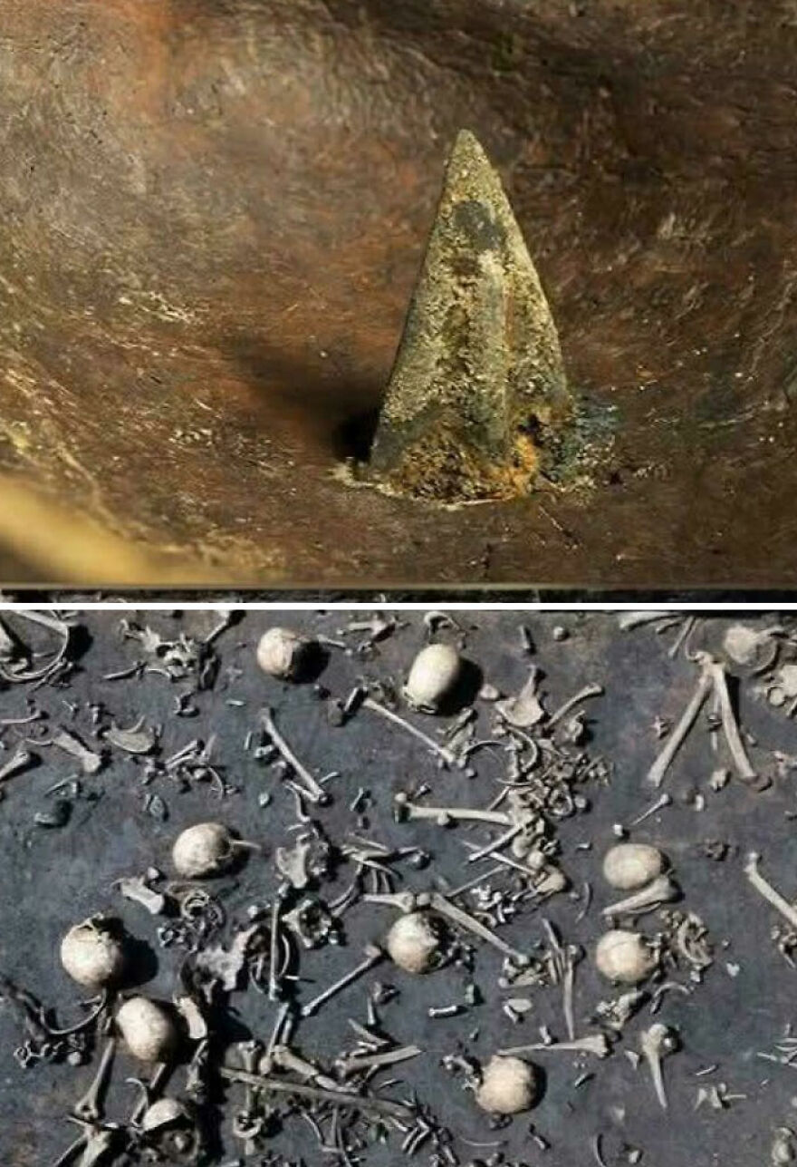 A rusted, sharp metal spike embedded in earth, with a lower panel showing tiny bones and skulls, among strange things happening on Earth.