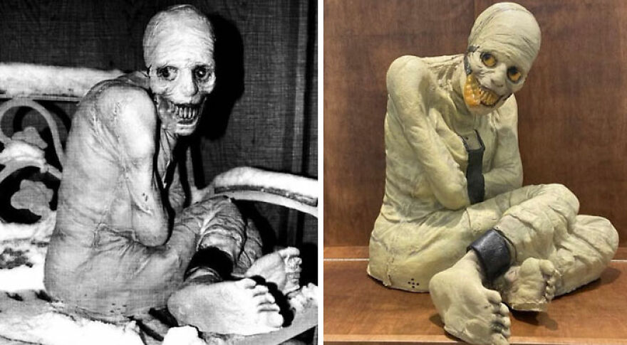 Side-by-side images of a mummy-like figure, one a black-and-white photo and the other a color replica, showing strange things happening on Earth.