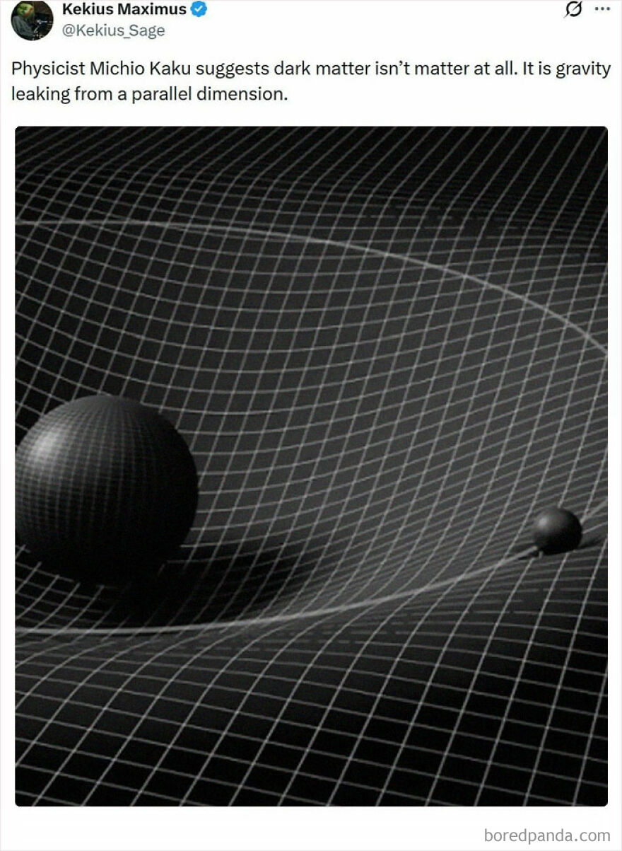A tweet about dark matter and a black and white image of two spheres distorting a grid, incredible things on Earth.