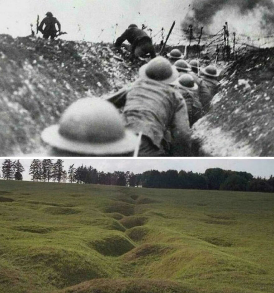 Then and now photos of trenches from WWI, showcasing strange things happening on Earth.