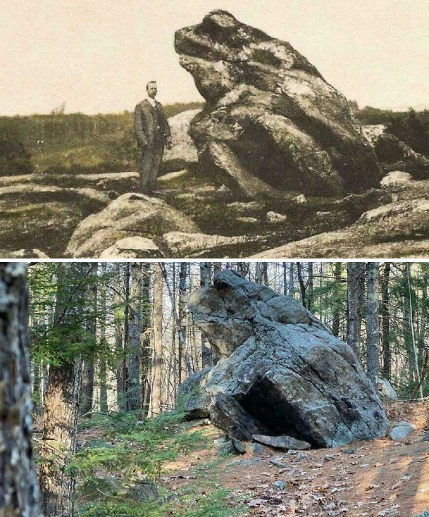 A man standing next to a large rock formation and a more recent image of the same strange rock in the woods.