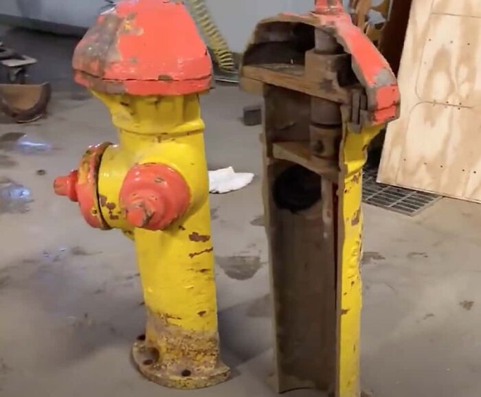 A fire hydrant cut in half, revealing its inner workings, a surprising photo of an object cut in half.