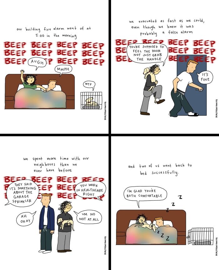 A comic depicting a couple and their dog evacuating during a fire alarm, then returning to bed, highlighting funny ordinary situations.