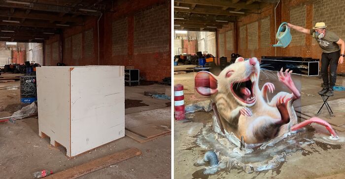French artist painting a 3D illusion of a yawning mouse bursting from an ordinary wall.
