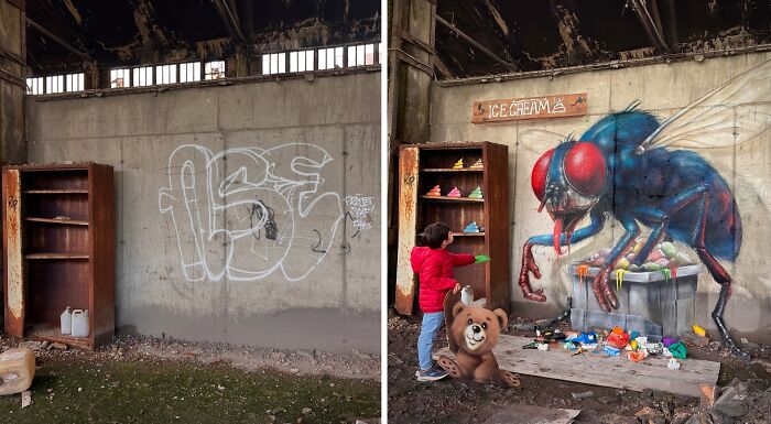 French artist transforming an ordinary wall into a 3D illusion of a giant fly and ice cream stand.