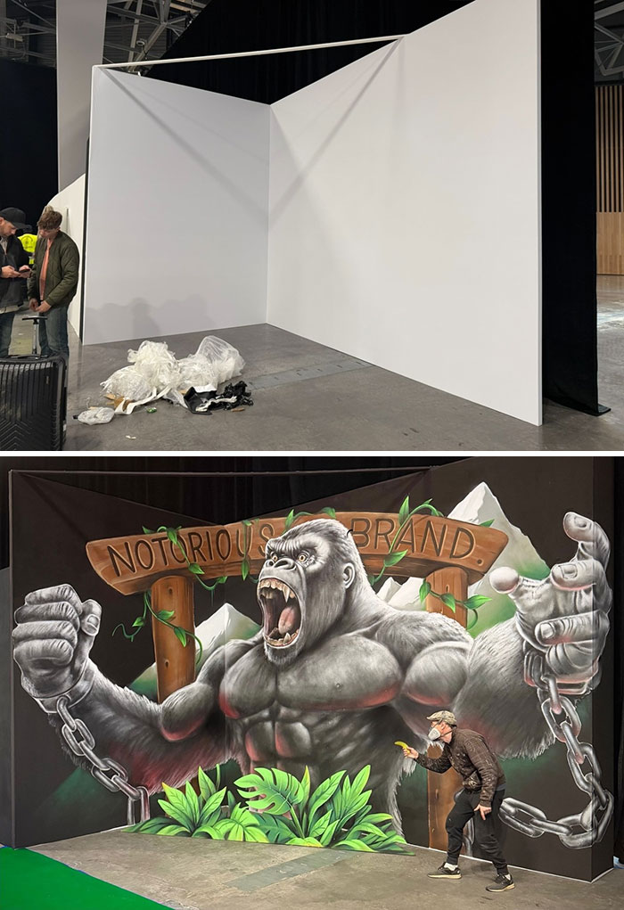 A French artist transforms ordinary walls into mind-bending 3D illusions, with a gorilla mural titled Notorious Brand.