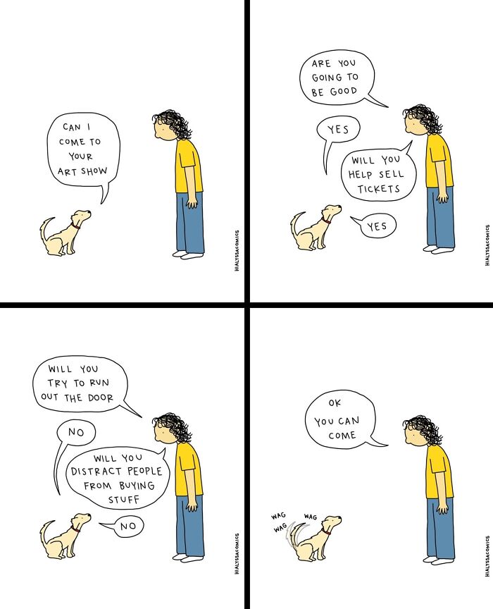 A comic of a person and a dog discussing the dog's behavior at an art show, finding humor in ordinary situations.
