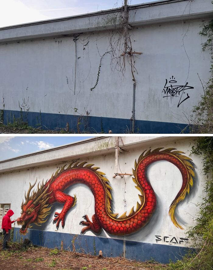 A French artist transforms ordinary walls into mind-bending 3D illusions, featuring a vibrant red dragon mural on a white wall.
