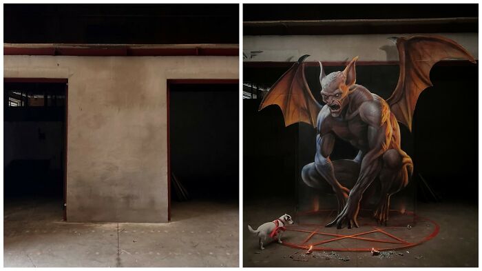 A French artist transforms ordinary walls into mind-bending 3D illusions, with a gargoyle mural and a dog in front of it.