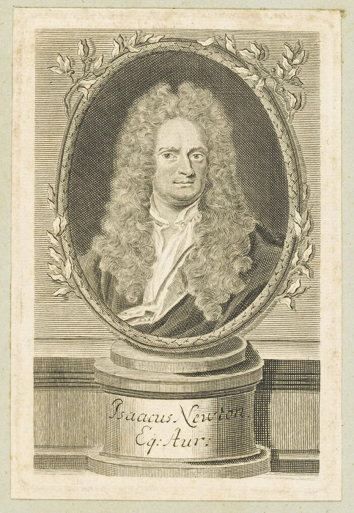 A bust portrait engraving of Isaac Newton, a key figure in the history of books and scientific documents.