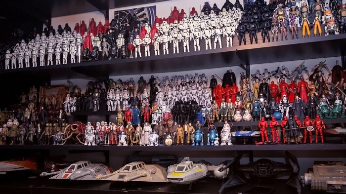 A large collection of action figures and spaceships, possibly a secret passion or confession.