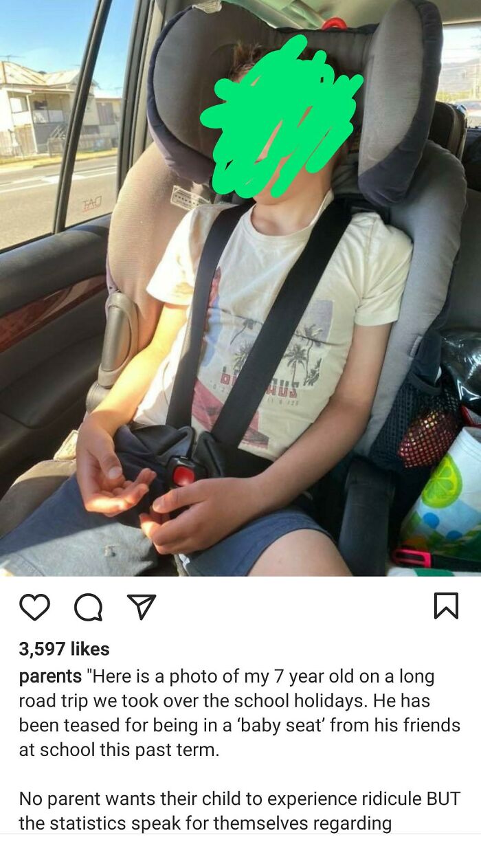 A 7-year-old child in a baby seat in the car, a problem for parents concerned about teasing.