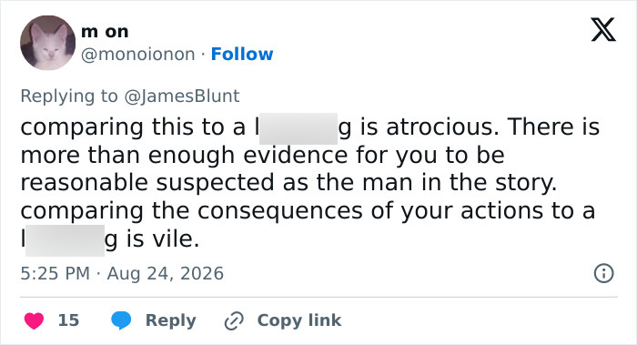 A tweet in response to @JamesBlunt, criticizing his comparison of consequences to an internet lynching, stating there is enough evidence to suspect him. A tweet in response to @JamesBlunt, criticizing his comparison of consequences to an internet lynching, stating there is enough evidence to suspect him.