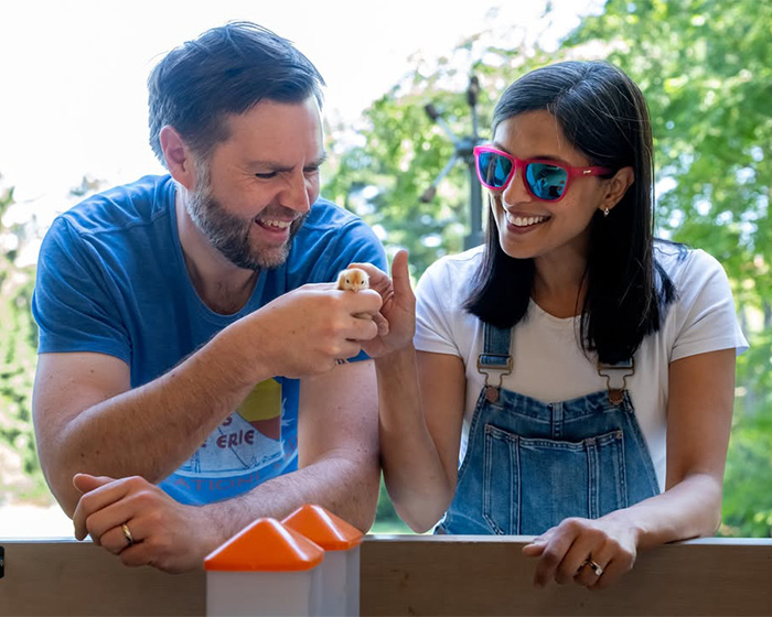 JD Vance and his wife, Usha, smile while holding a newborn son. JD Vance and his wife, Usha, smile while holding a newborn son.