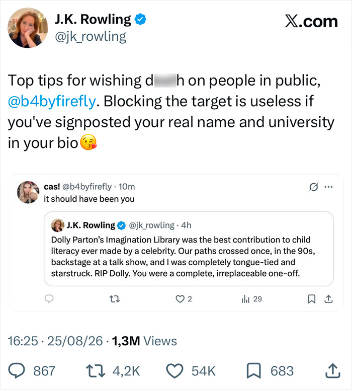 J.K. Rowling's tweet about Dolly Parton's contribution to child literacy, responding to negative comments. J.K. Rowling's tweet about Dolly Parton's contribution to child literacy, responding to negative comments.