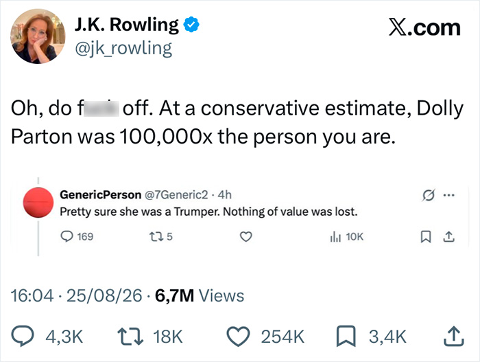 A tweet from J.K. Rowling defending Dolly Parton against negative comments about her passing. A tweet from J.K. Rowling defending Dolly Parton against negative comments about her passing.