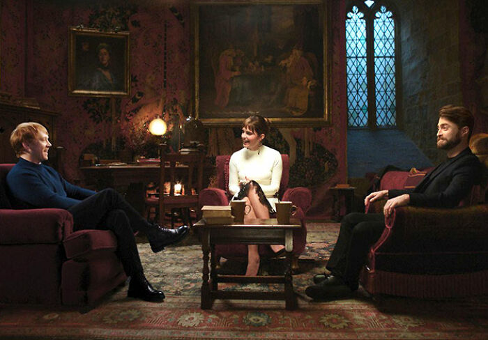 Rupert Grint, Emma Watson, and Daniel Radcliffe sitting in a room, discussing their Harry Potter roles. Rupert Grint, Emma Watson, and Daniel Radcliffe sitting in a room, discussing their Harry Potter roles.