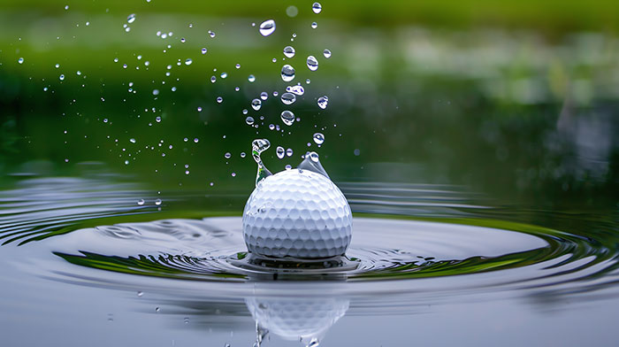 A golf ball splashes into water, creating ripples and droplets, representing a weird job involving retrieval.