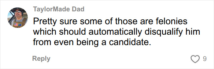 Screenshot of a comment about karma for congressional candidate felonies.