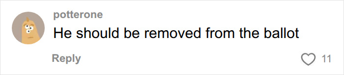 A comment by potterone stating a congressional candidate should be removed from the ballot, highlighting karma for actions.