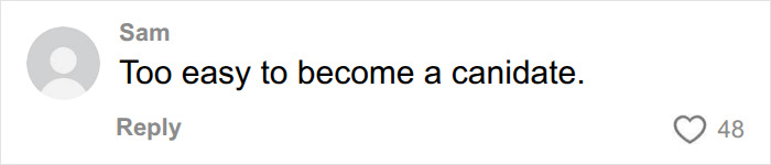 A comment from Sam stating it is too easy to become a congressional candidate, emphasizing karma for bad behavior.