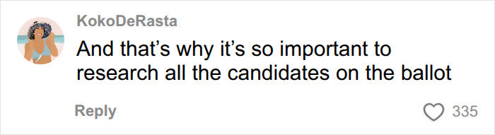 Screenshot of a comment from KokoDeRasta about researching all congressional candidates on the ballot, related to karma.