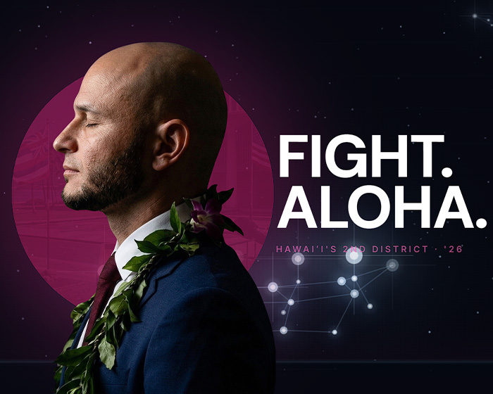 A congressional candidate in a suit and lei, with a serious expression, showcasing the public image amidst his karma.