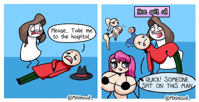 Minimaali comic illustrating the absurd side of everyday life, with someone needing a hospital and then people spitting.