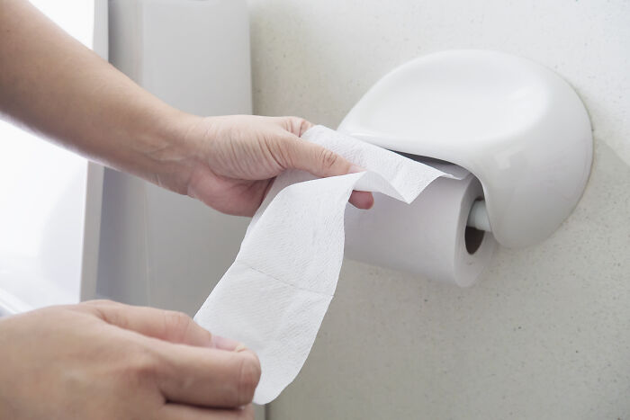 A hand pulling toilet paper from a holder, illustrating unhinged house rules about bathroom etiquette.
