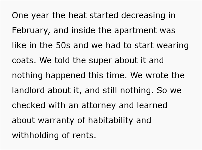 Text outlining tenants learning about warranty of habitability and withholding rents when a landlord refuses to fix heating. Text outlining tenants learning about warranty of habitability and withholding rents when a landlord refuses to fix heating.