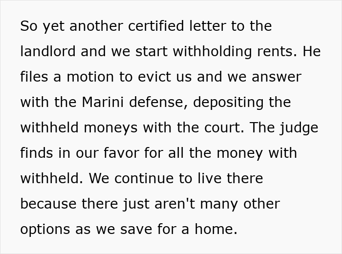 A paragraph describing tenants withholding rent, using Marini defense against a landlord refusing to fix heating. A paragraph describing tenants withholding rent, using Marini defense against a landlord refusing to fix heating.