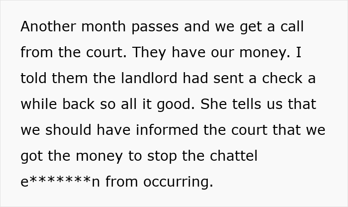 Text explaining how the court called about the money, and the tenants failed to inform them about the landlord's check. Text explaining how the court called about the money, and the tenants failed to inform them about the landlord's check.