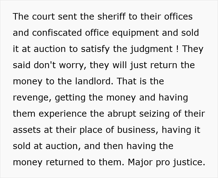 Text detailing how the court sent the sheriff to confiscate and auction the landlord's office equipment for the judgment. Text detailing how the court sent the sheriff to confiscate and auction the landlord's office equipment for the judgment.