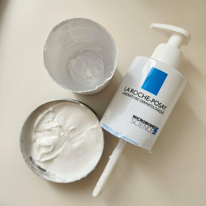 La Roche-Posay cream containers, nearly empty, showcasing the poverty habit of using products until the very last drop.