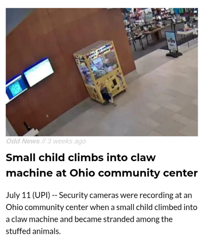 A small child climbs inside a claw machine, a parent's wrong way to solve a problem.
