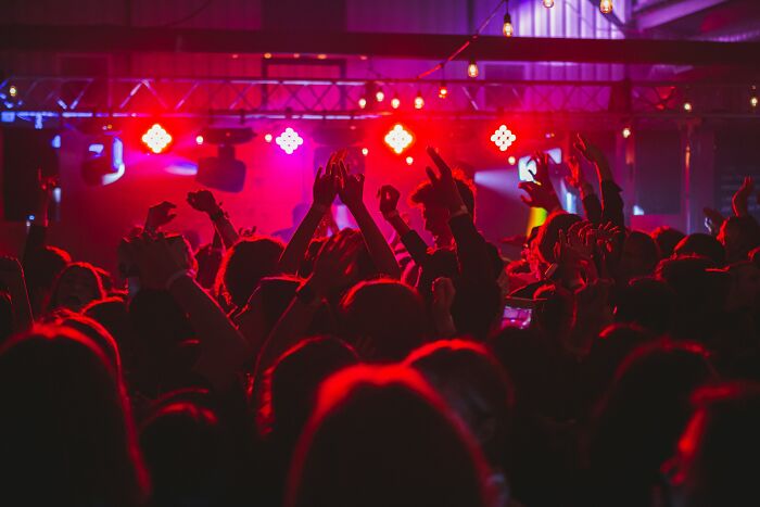 College life freedom: Crowd dancing at a concert, illustrating the excitement and social freedom of college life.