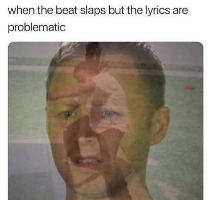 A meme with British humor shows a man making a face, layered with an image of a person dancing.