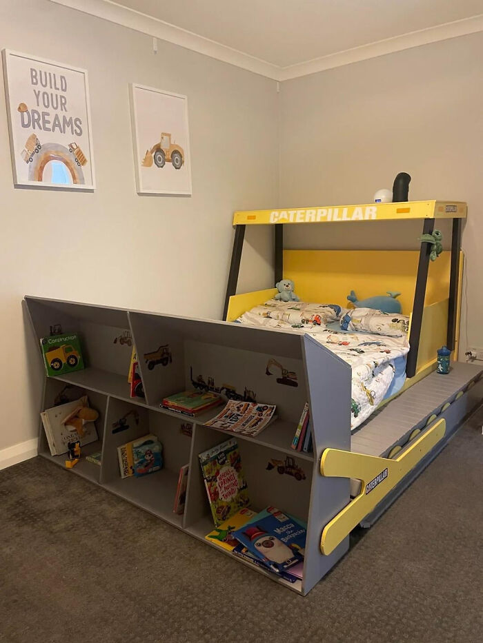 A kids bed designed as a Caterpillar construction vehicle, a brilliant DIY home project for a transformed space.