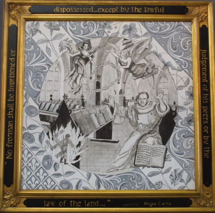 An artistic rendering of the Magna Carta, a significant historical document and manuscript in a gilded frame, sold for millions.
