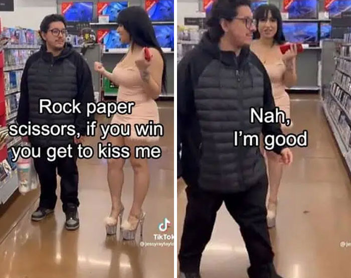 A man walking away from a woman in a store who proposes playing rock paper scissors to win a kiss, showing an entitled folk.