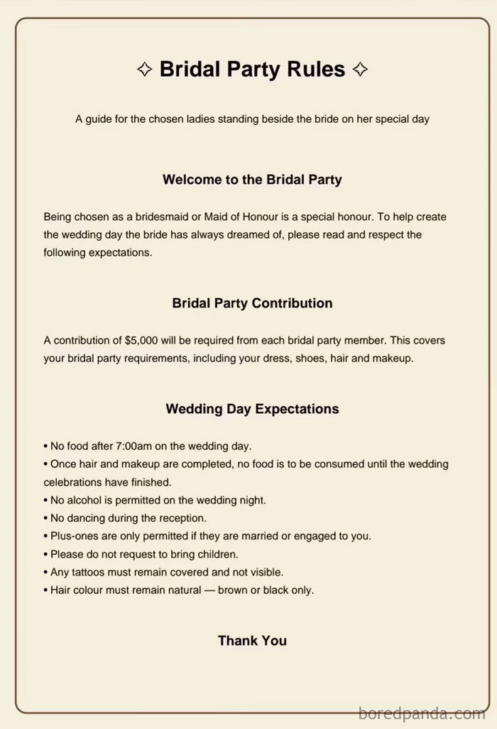 A document titled Bridal Party Rules detailing expectations and contributions for bridesmaids, highlighting entitled wedding demands.